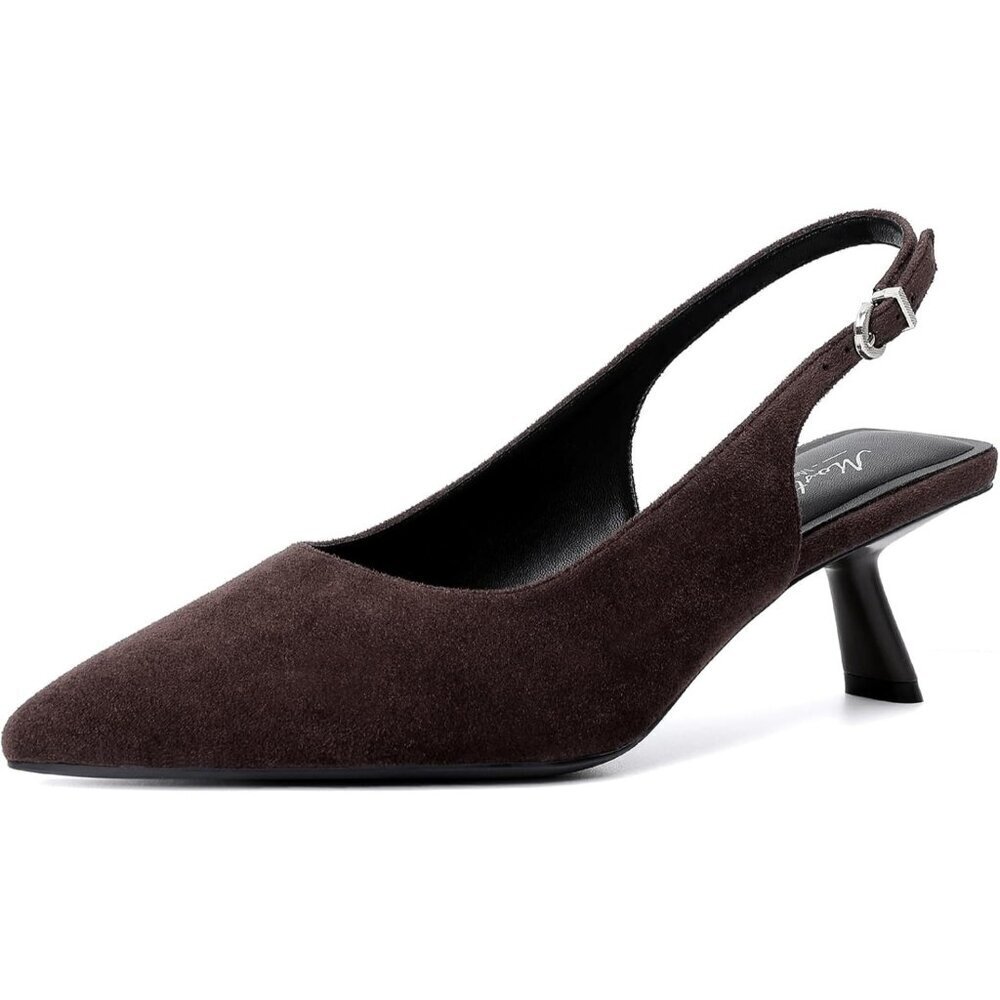 Mostrin Kitten Heels Darkbrown Suede Low Slingback Heels with Buckle Dress Shoes